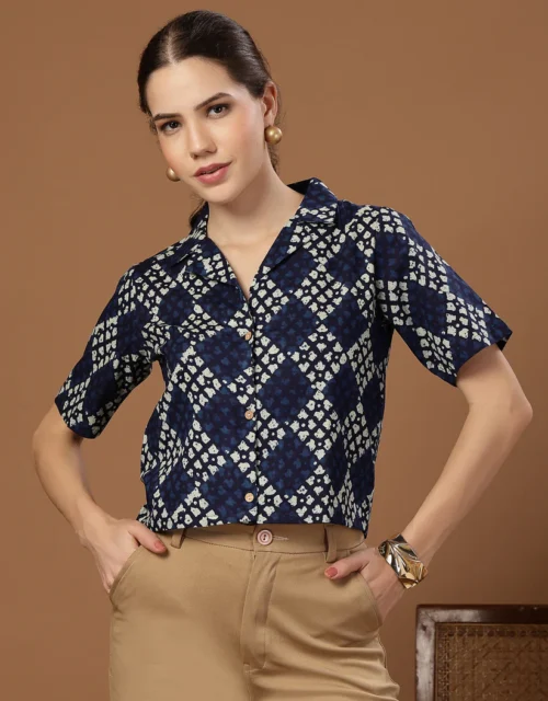 Women's Indigo Dabu Printed Cotton Crop Top