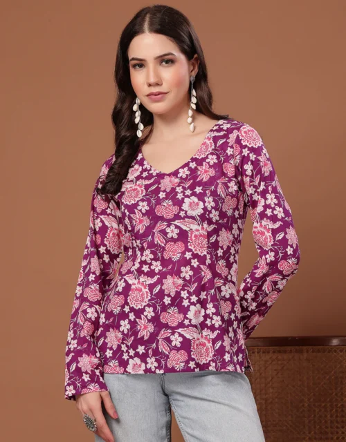 Women's Purple Floral Printed Cotton Straight Top
