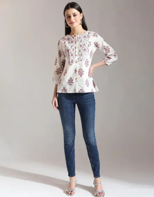 Floral Print Pure Cotton Pin Tuck Top