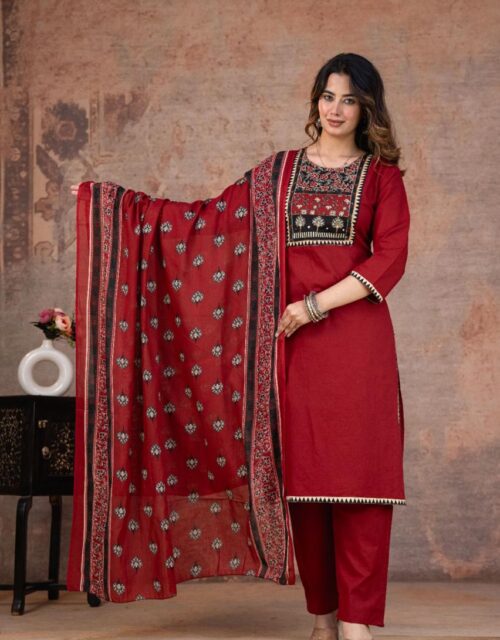 Vibrant Floral Print Kurta - Barn Red