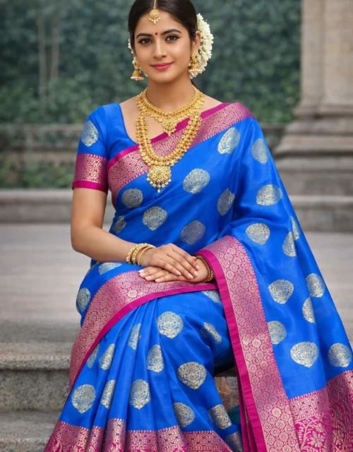 Semi Tusser Silk Saree with Blouse - Sea Blue