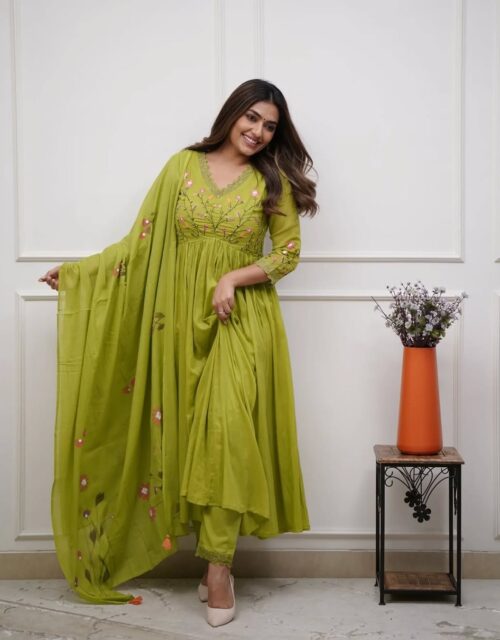 Premium Light Parrot Green Embroidered Cotton Anarkali Suit Set for Women – Floral Thread Work with Printed Dupatta