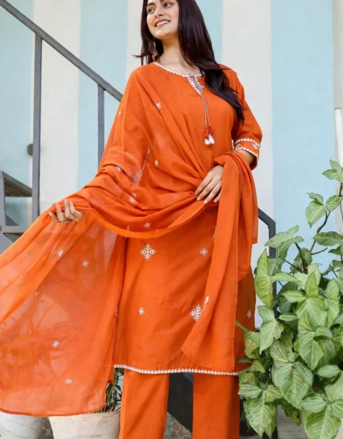 Cotton Embroidery Kurta - Tangerine