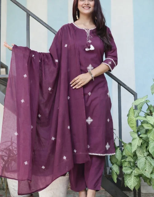 Cotton Embroidery Kurta - Grape