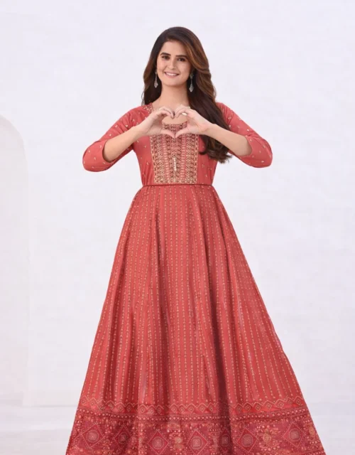 Rayon Anarkali Gown Classic Neck Embroidery with Belt - Peach