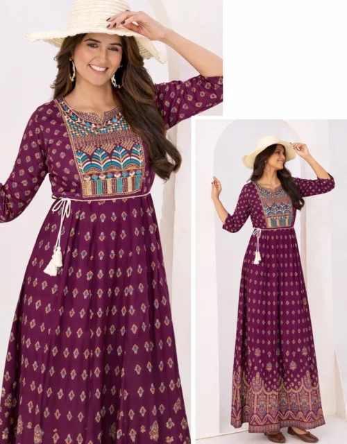 Rayon Anarkali Gown Classic Neck Embroidery with Belt - Maroon