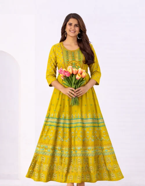 Rayon Anarkali Gown Classic Neck Embroidery with Belt - Mustard Yellow