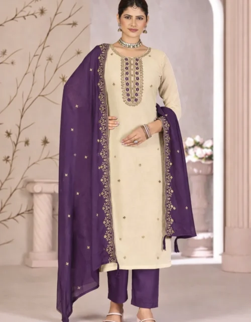 Fancy Salwar Suit in Cream and Purple