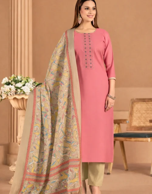 Roman Silk Salwar Suit with Bhagalpuri Dupatta - Pink and Olive Green