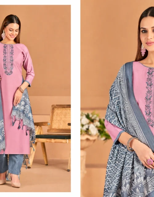 Roman Silk Salwar Suit with Bhagalpuri Dupatta - Pink and Slate Blue