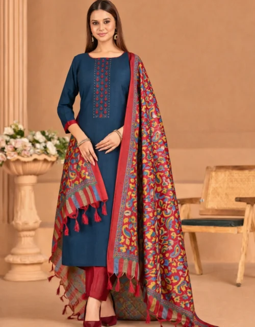 Roman Silk Salwar Suit with Bhagalpuri Dupatta - Navy Blue and Maroon