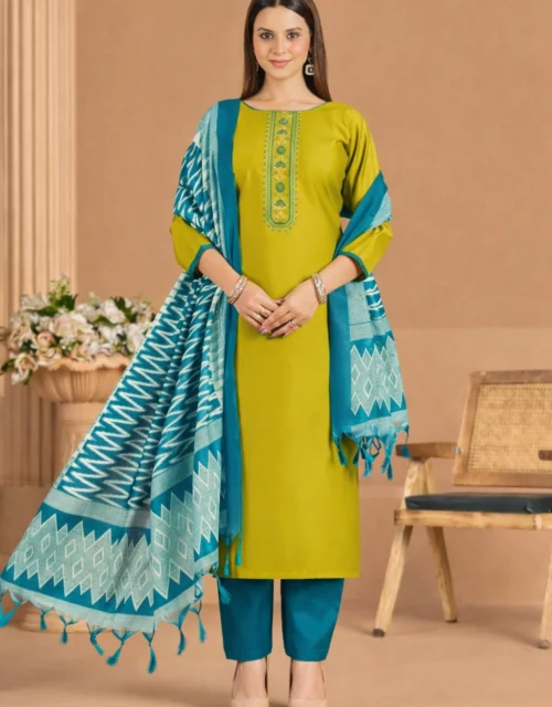 Roman Silk Salwar Suit with Bhagalpuri Dupatta - Lime Yellow and Blue