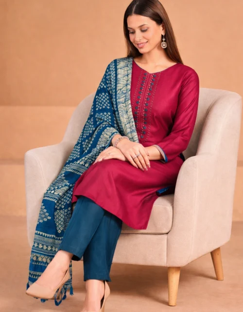 Roman Silk Salwar Suit with Bhagalpuri Dupatta - Wine and Blue