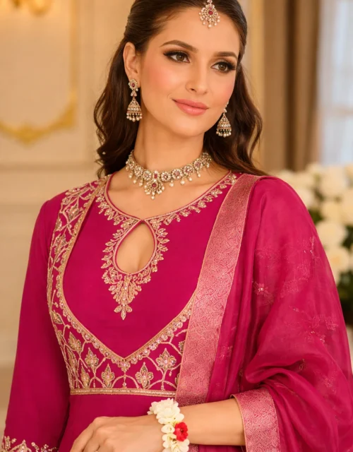 Fancy Viscose Embroidery Readymade Outfit For Women- Magenta
