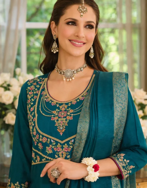 Fancy Viscose Embroidery Readymade Outfit For Women- Teal