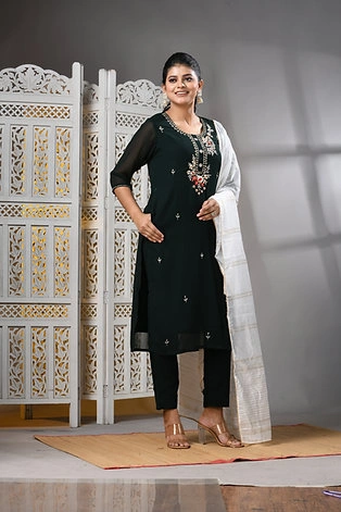 Hand Woven Georgette 3PC Set in Bottle Green with Zari Work