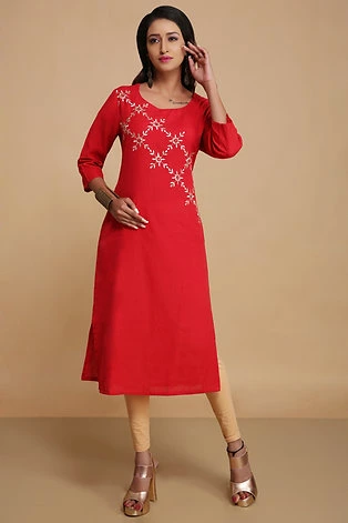 Khadi Cotton Embroidery Kurti in Red