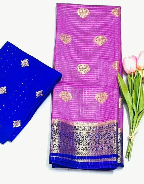 Lilac Mauve Viscose Silk Saree with Antique Gold Zari Butta & Royal Blue Border