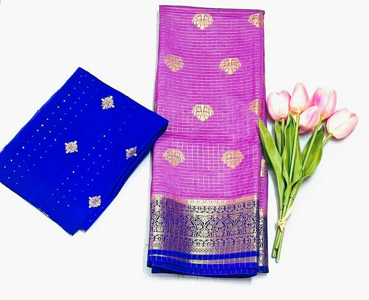Lilac Mauve Viscose Silk Saree with Antique Gold Zari Butta & Royal Blue Border
