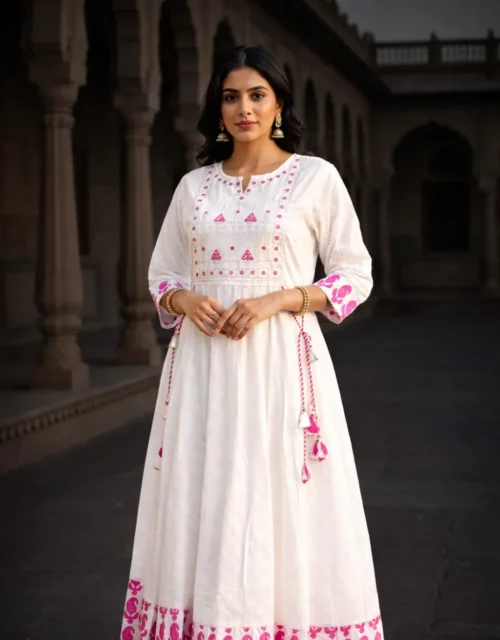 Elegant White & Pink Printed Cotton Gown with Lining