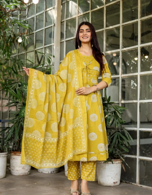 Premium Mehndi Green Mirror Work Anarkali Suit Set for Women – Coat Style Choli with Moti & Printed Ethnic Design