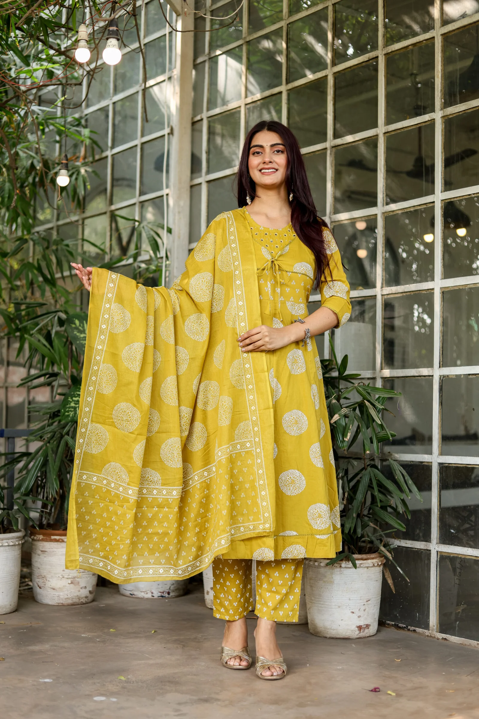 Premium Mehndi Green Mirror Work Anarkali Suit Set for Women – Coat Style Choli with Moti & Printed Ethnic Design