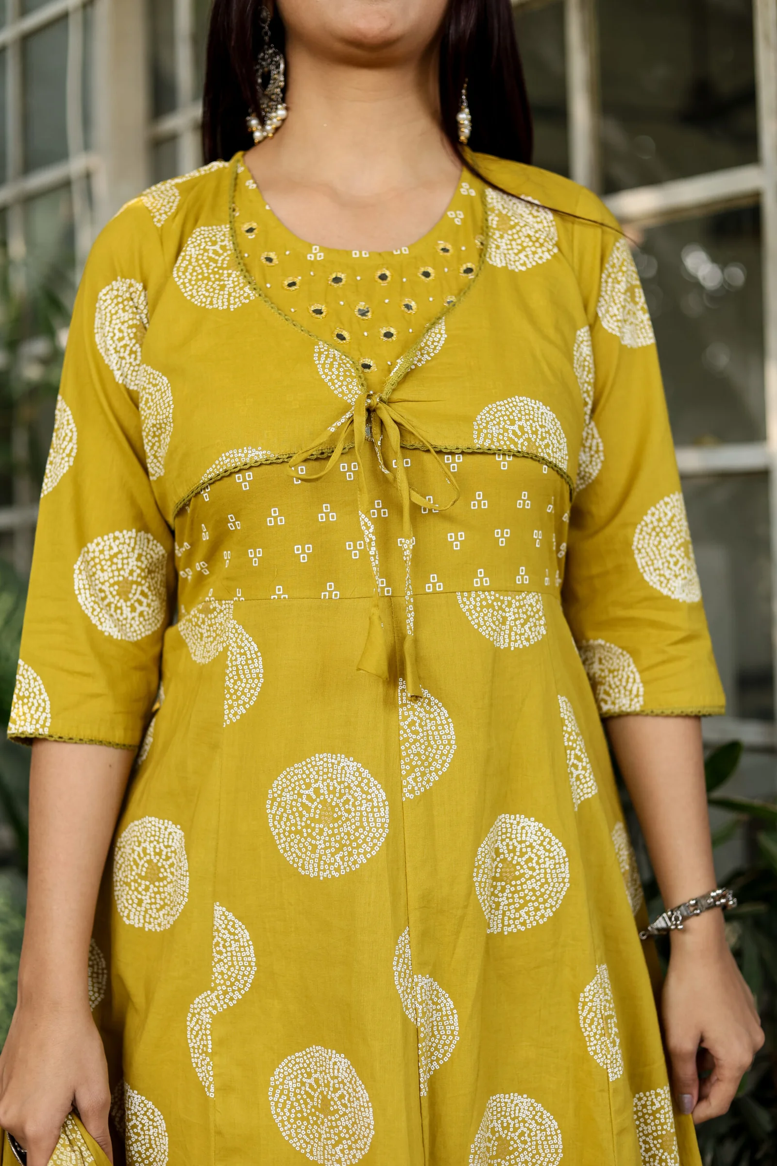 Premium Mehndi Green Mirror Work Anarkali Suit Set for Women – Coat Style Choli with Moti & Printed Ethnic Design - Image 3