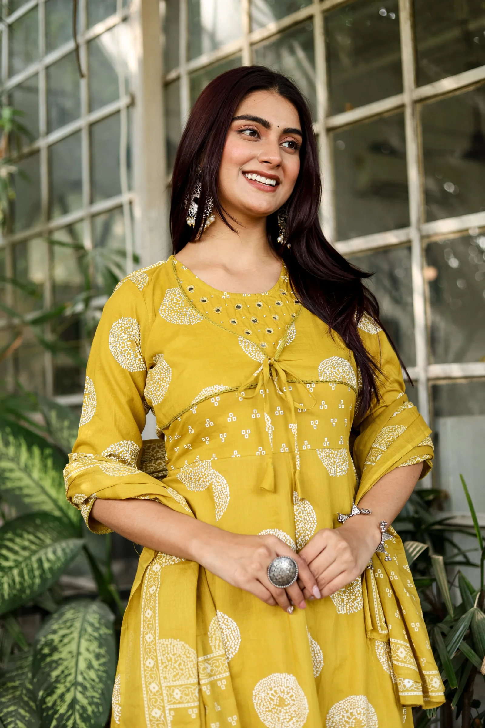 Premium Mehndi Green Mirror Work Anarkali Suit Set for Women – Coat Style Choli with Moti & Printed Ethnic Design - Image 5