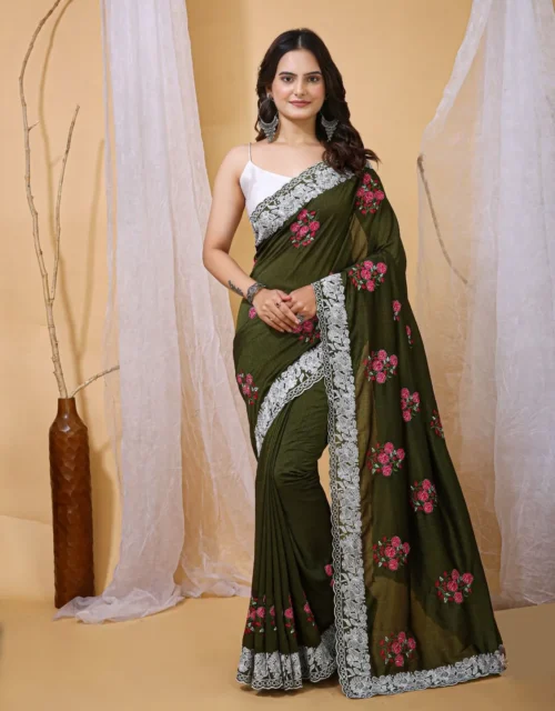 Olive Green Floral Embroidered Saree with Lace Border