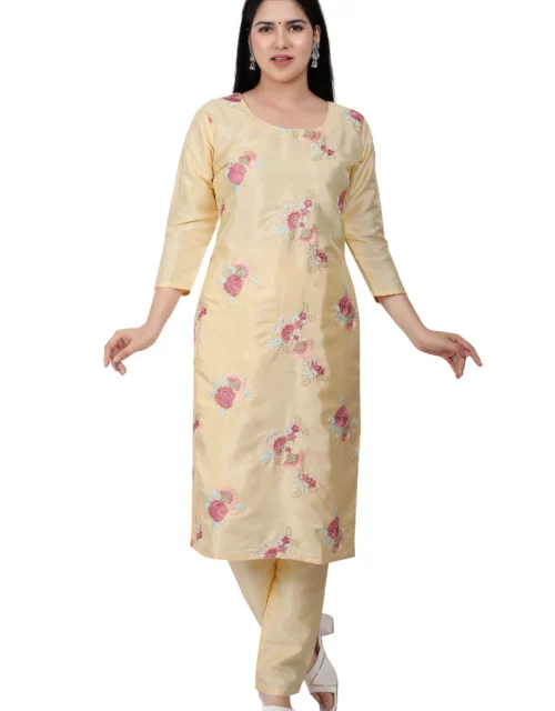 Elegant Slik Kurta & Pant Set for Women Embroidered Kurti - Goldenrod