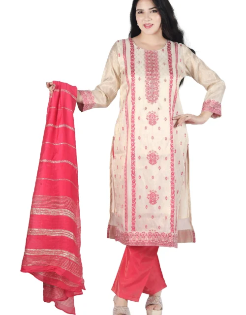 Peach jacquard cotton silk kurta pant with dupatta