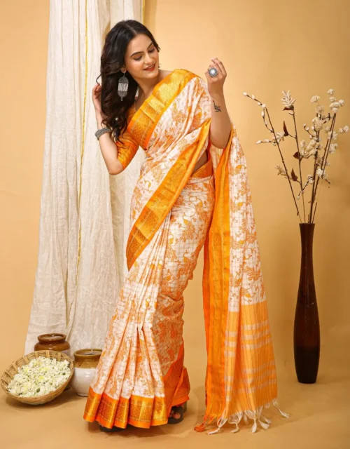 Ivory & Marigold Printed Cotton Silk Saree with Golden Border