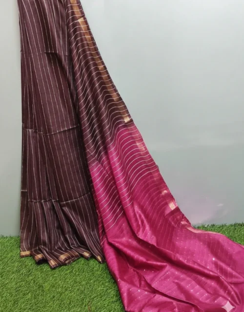 Kota Slub Sequence with Zari all over Saree - Deep Chocolate Brown with Magneta Pink Pallu