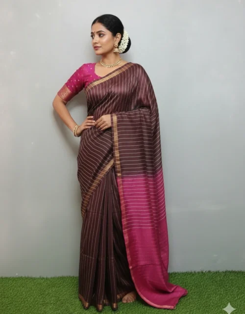 Kota Slub Sequence with Zari all over Saree - Deep Chocolate Brown with Magneta Pink Pallu
