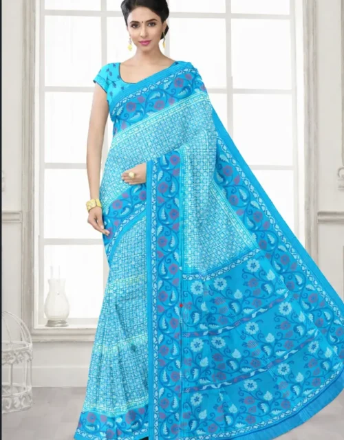 Printed Mul Mul Cotton Saree with Blouse - Sky Blue & Deep Blue