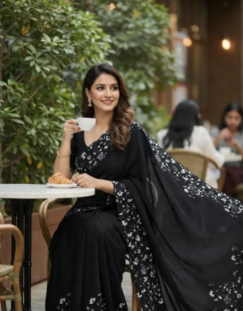Black Floral Embroidered Georgette Saree