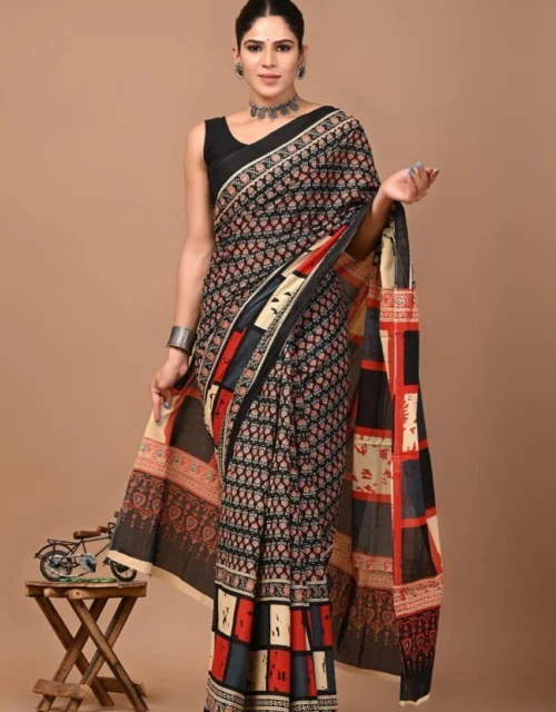 Classic Bagru Block Print Cotton MulMul Sarees with Blouse - Red & Beige