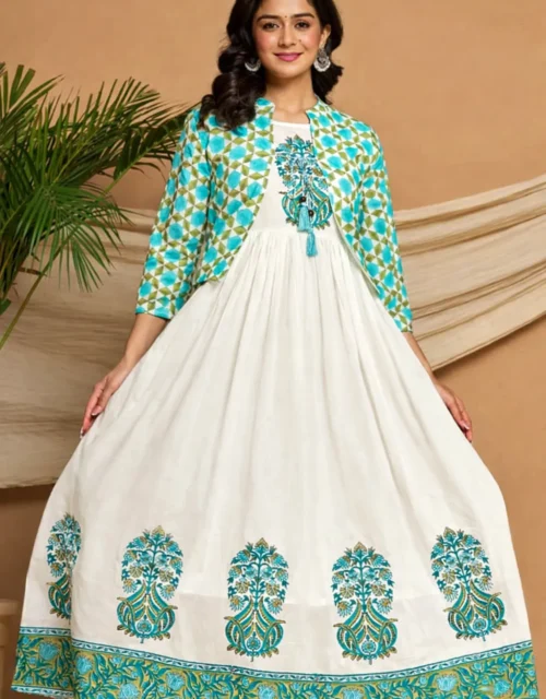 Beautifully Crafted Ivory & Teal Printed Anarkali Gown with Jacket