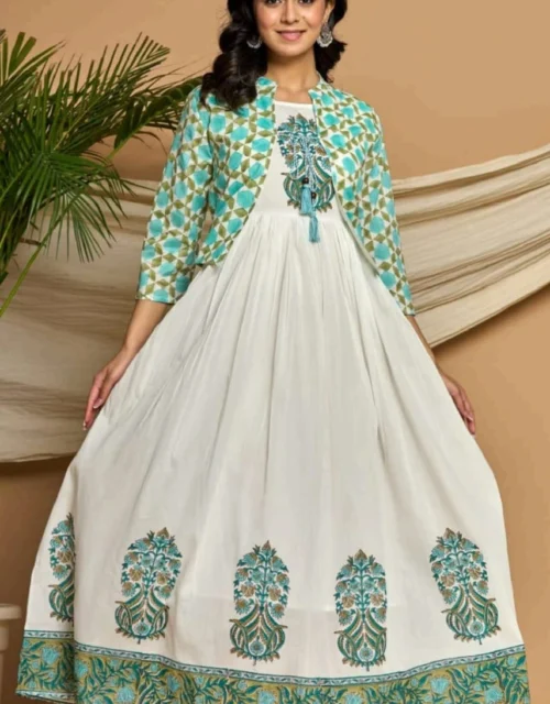 Beautifully Crafted Ivory & Teal Printed Anarkali Gown with Jacket