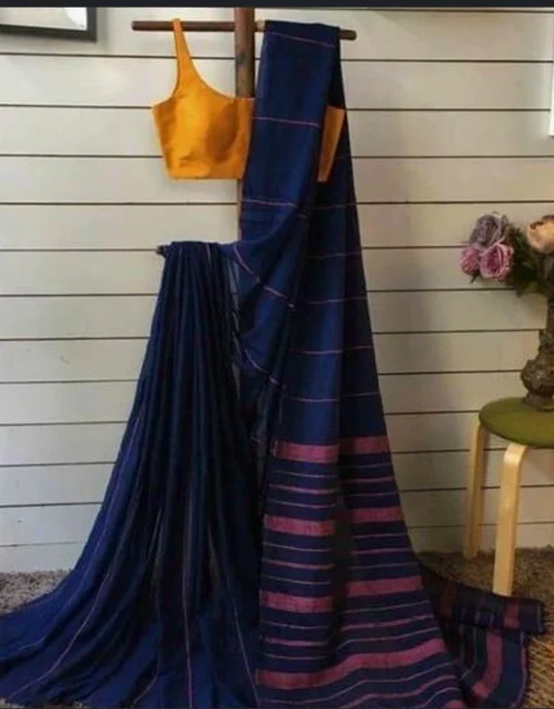 Khadi Cotton Color Bar Saree - Blue