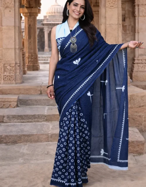 Bagru Block Print Cotton MulMul Sarees with Blouse - Indigo Blue