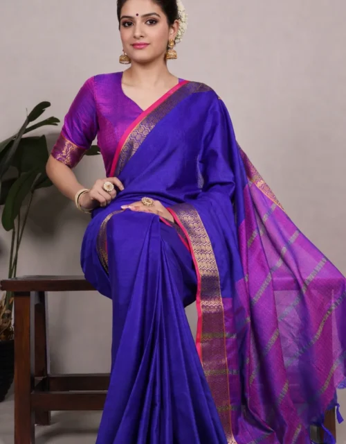 Royal Blue & Purple Poly Cotton Saree with Gold Zari Border