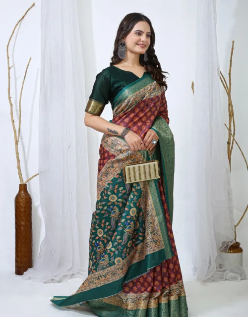 Green & Maroon Printed Soft Dola Cotton Saree with Traditional Border