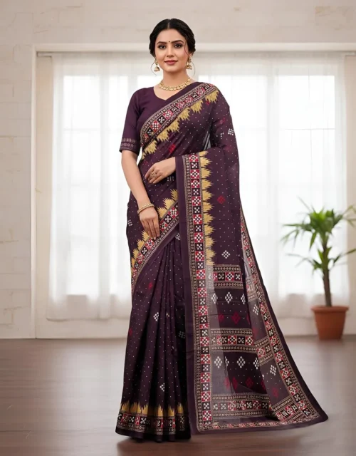 Brown Sambalpuri Printed Cotton Saree