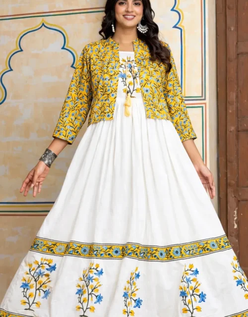 Beautifully design Ivory Floral Printed Anarkali Gown with Mustard Jacket