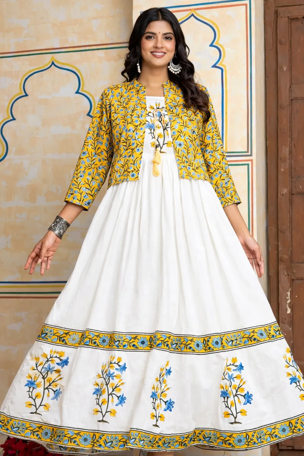 Beautifully design Ivory Floral Printed Anarkali Gown with Mustard Jacket