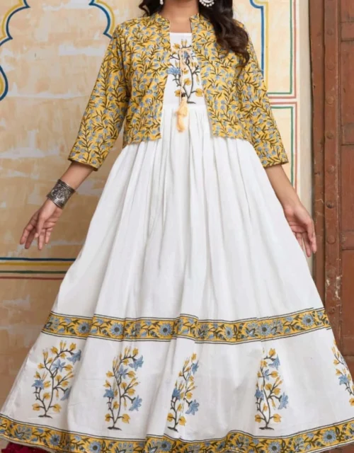 Beautifully design Ivory Floral Printed Anarkali Gown with Mustard Jacket