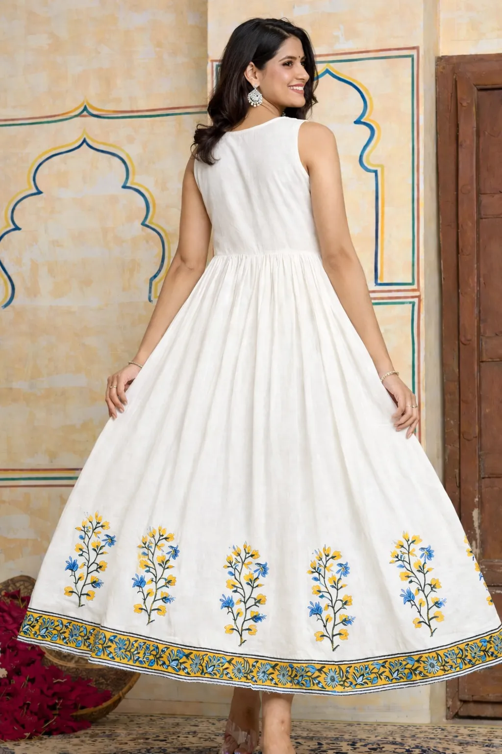 Beautifully design Ivory Floral Printed Anarkali Gown with Mustard Jacket - Image 3