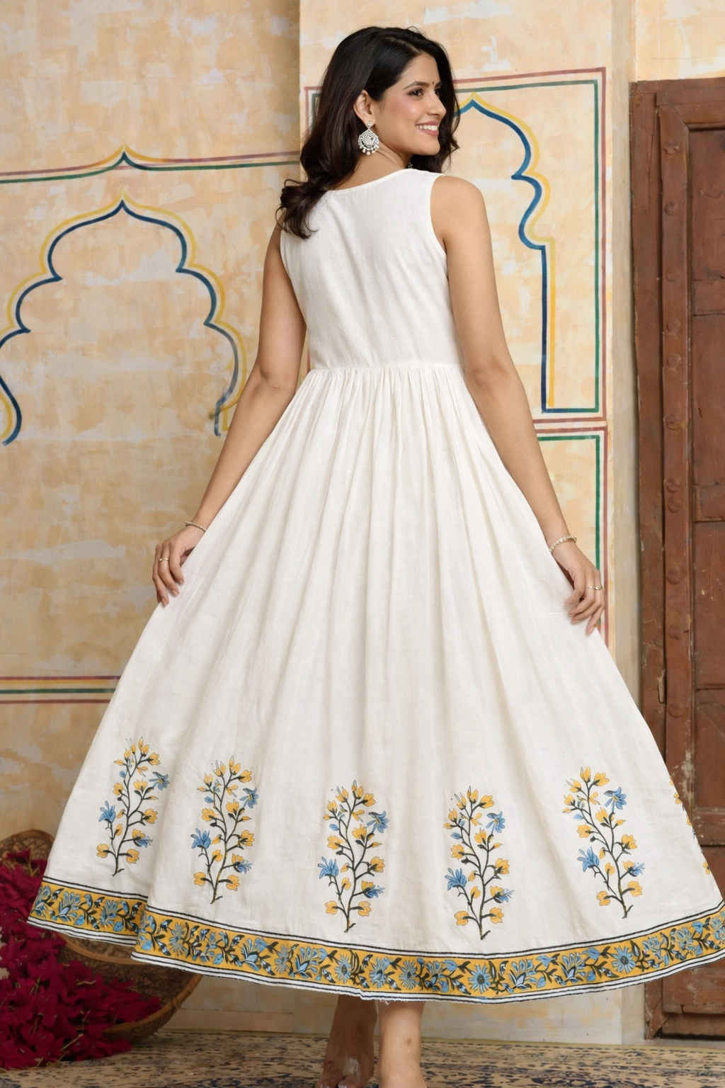 Beautifully design Ivory Floral Printed Anarkali Gown with Mustard Jacket - Image 3