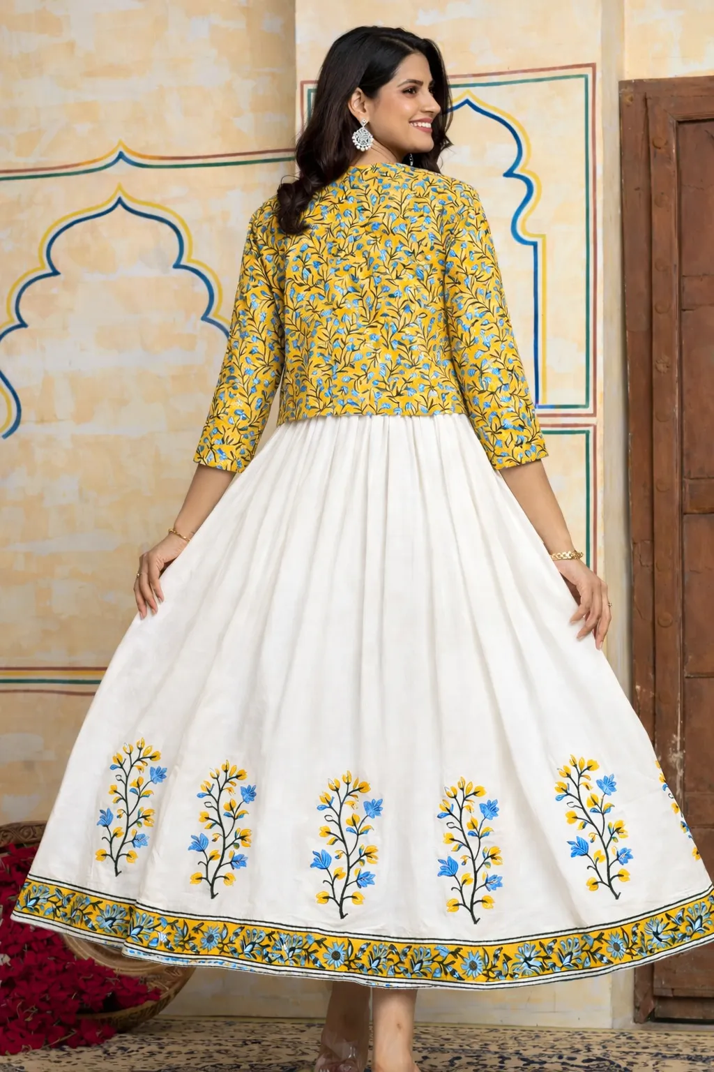 Beautifully design Ivory Floral Printed Anarkali Gown with Mustard Jacket - Image 4